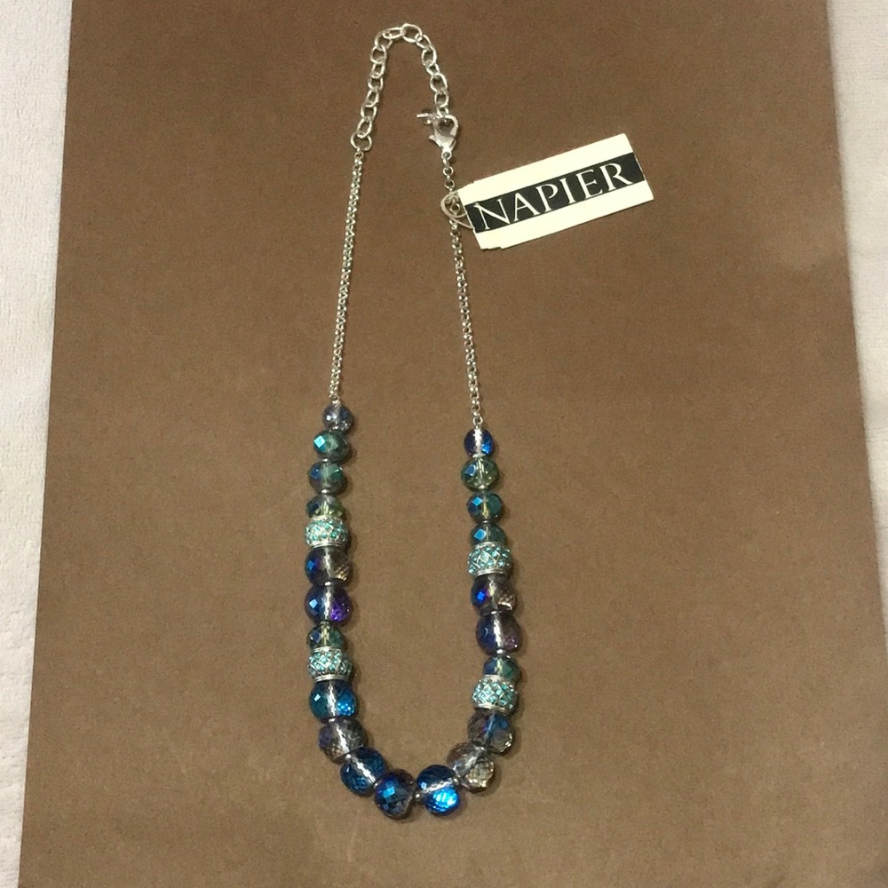 Napier Necklace Blue Beads Silver Chain 18”